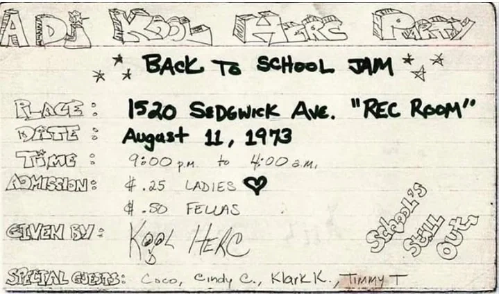 Flyer for DJ Kool Herc’s Back to School Jam at 1520 Sedgwick Avenue on 11 August 1973