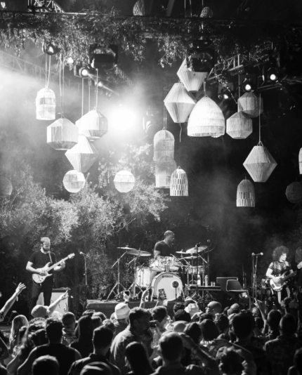 A music festival style stage for a private celebration in Morocco featuring luxury event production and lighting design.