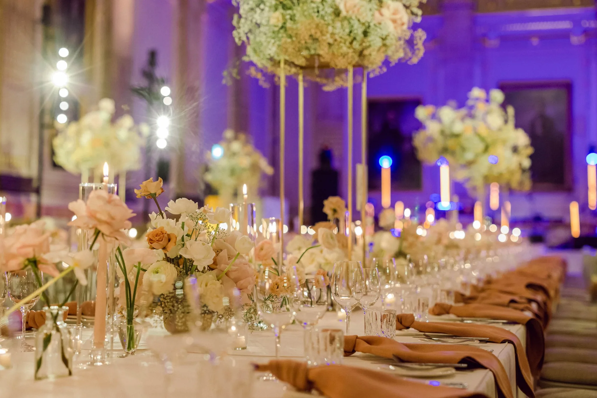 Wedding flowers and tablescape at a luxury wedding by Sauveur Studios.