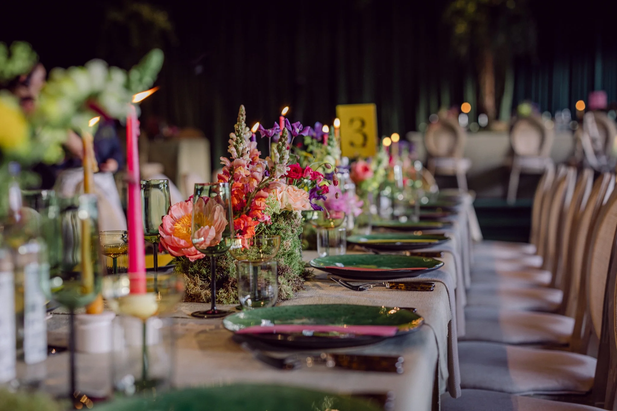 Event flowers and tablescape at a luxury wedding by Sauveur Studios.